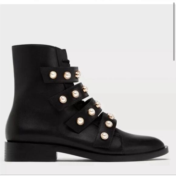 Zara Pearl Strap Black Leather Combat Ankle Boots Size 6 - Picture 4 of 16